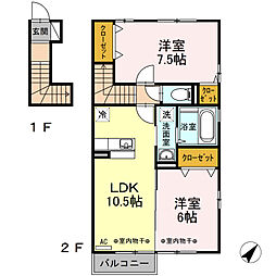 プレジール町新B 2LDKの間取図画像
