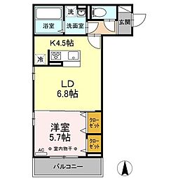 Ｄーｒｏｏｍ中倉 3階1LDKの間取り