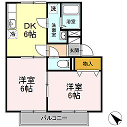 セジュールルイケB 2DKの間取図画像