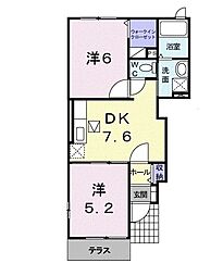 キャトルセゾン 1階2DKの間取り
