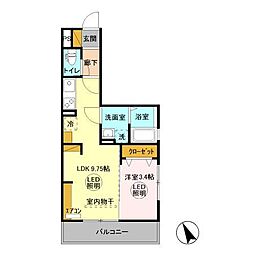 シャンブルK 2階1LDKの間取り