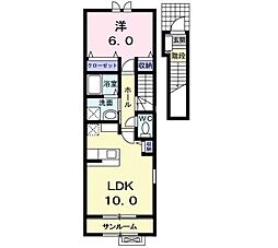 フォルトゥーナＢ 2階1LDKの間取り