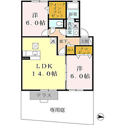 ディーグラフォート上牧 1階2LDKの間取り