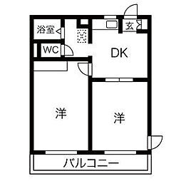 アイリス鶴里 2階2DKの間取り
