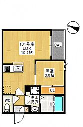 グランディックリゲルB 1LDKの間取図画像