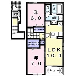 シャン・ド・フルールI 2階2LDKの間取り