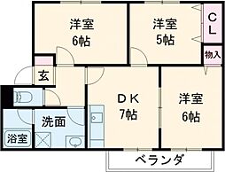 パセオみささぎＡ棟 1階3DKの間取り