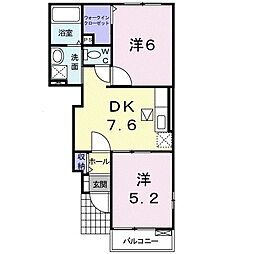 シルキーエトアールＣ 1階2DKの間取り