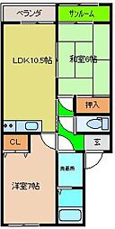 サンライズ原 2階2LDKの間取り