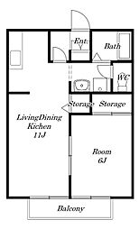 サンビレッジ習志野Ａ棟 2階1LDKの間取り