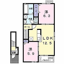 グリーンハウスＷIII 2階2LDKの間取り