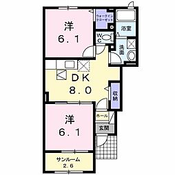 プラシードヒルIV 1階2DKの間取り