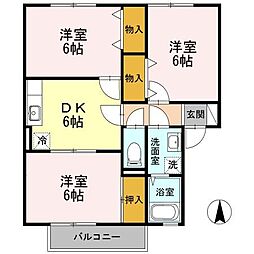 セジュールLIN　A棟 2階3DKの間取り
