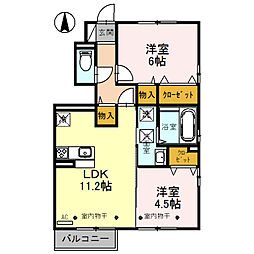 グレイスナレッジ舟橋 1階2LDKの間取り