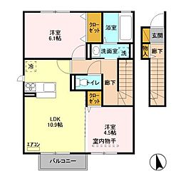 JR常磐線 土浦駅 バス21分 木田余東台下車 徒歩1分の賃貸アパート 2階2LDKの間取り