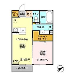 D-roomウィット西原 2階1LDKの間取り