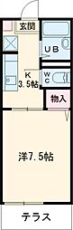 カーサハンシン 1Kの間取図画像