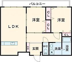 スリーゼ森町 1階2LDKの間取り