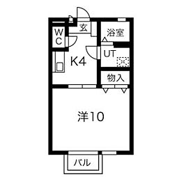 エミネンスA棟 2階1Kの間取り