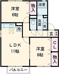 シェルクレール　四番館 2階2LDKの間取り
