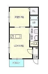 レガルバ浦町 2階1LDKの間取り