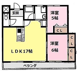 リーボンキャッスル 3階2LDKの間取り