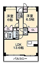 ヴィラシオン長府 3階2LDKの間取り
