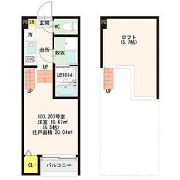 ハーモニーテラス上飯田西町 2階ワンルームの間取り