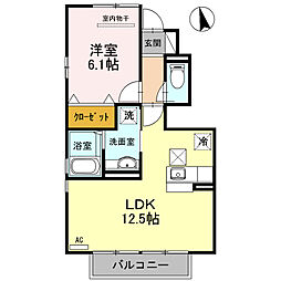 サニーハイツ花棚　B棟 1階1LDKの間取り