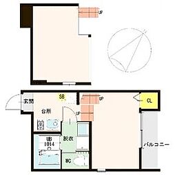 ハーモニーテラス新田 2階1Kの間取り