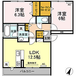 サニープレイス十一屋B 2LDKの間取図画像