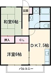 くりの木ハウス 2階2DKの間取り