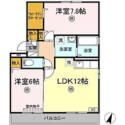 ピアチェーレ 3階2LDKの間取り