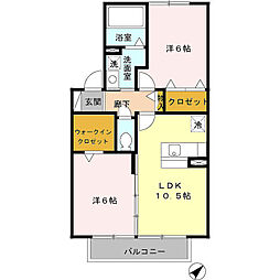 セジュールアラコ　B 2階2LDKの間取り