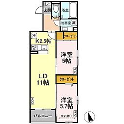 ＤーＲＯＯＭ小田原8丁目III 3階2LDKの間取り