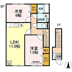 アムール和II 2階2LDKの間取り