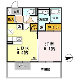 サンシャイン朱雀　A棟 1階1LDKの間取り