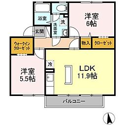 ラポール日吉台B 2階2LDKの間取り