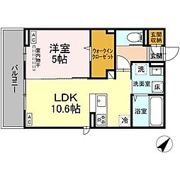 ディアライズ久米中央 1階1LDKの間取り