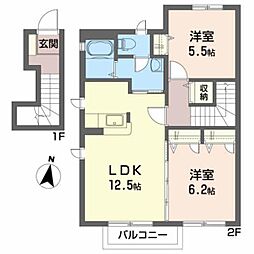 JR東北新幹線 くりこま高原駅 バス20分 築館高校前下車 徒歩7分の賃貸アパート 2階2LDKの間取り