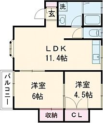 JR豊肥本線 光の森駅 徒歩20分の賃貸アパート 2階2LDKの間取り
