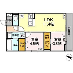 ラ・ヴィータ 2階2LDKの間取り