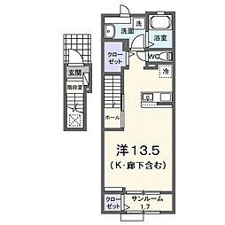 ヴィアアルスI 2階ワンルームの間取り
