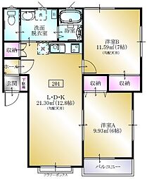 オーパスツー 2階2LDKの間取り
