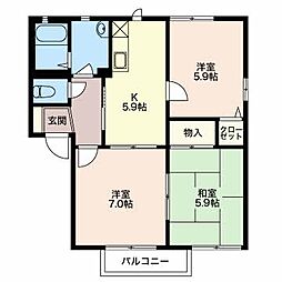 フォーレスエデン Ａ 2階3Kの間取り