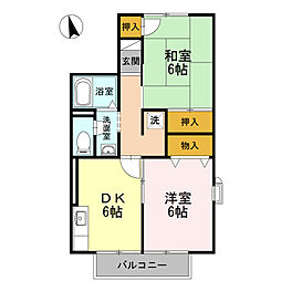 カーサセレーノ　A棟 2階2DKの間取り