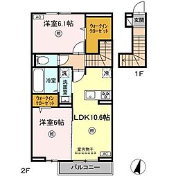 ロイヤルタウン上峰B 2階2LDKの間取り