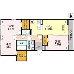 JR両毛線 前橋駅 徒歩14分の賃貸アパート 2階3LDKの間取り