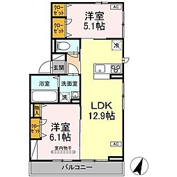 クレージュ大和町 3階2LDKの間取り