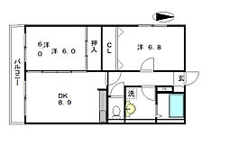 スカーレット 3階2DKの間取り